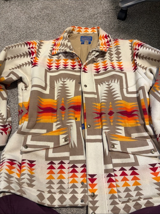 Pendleton Jackets & Blazers - Pendleton Cream Wool Utility Jacket with Orange, Red & Tan Southwestern Print